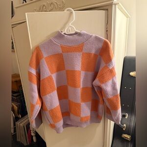Nasty Gal Orange and Purple Checkered Turtleneck Sweater
